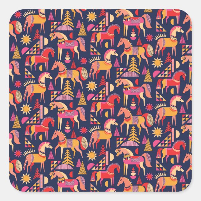 Skandinavische Pferde: Dekoratives Nahtloses Desig Quadratischer Aufkleber (Vorderseite)