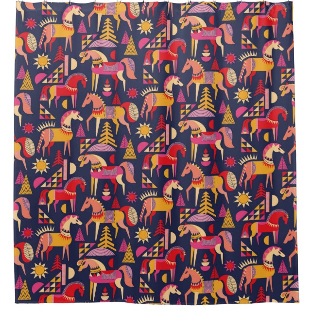 Skandinavische Pferde Muster nahtlos Design. Dekor Duschvorhang (Vorderseite)