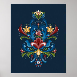 Skandinavische Rosemaling Folk Blau Rot Poster