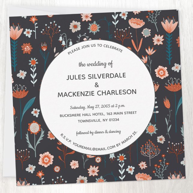 Skandinavische Sommer-Blume Dunkle Hochzeit Einladung (Scandinavian style dark floral peach teal and black wedding invitation)