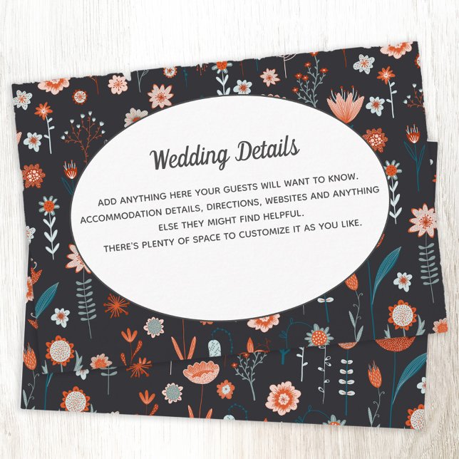 Skandinavische Sommer-Blume Dunkle Hochzeitdetails Begleitkarte (Wedding enclosure card with scandinavian dark floral pattern)