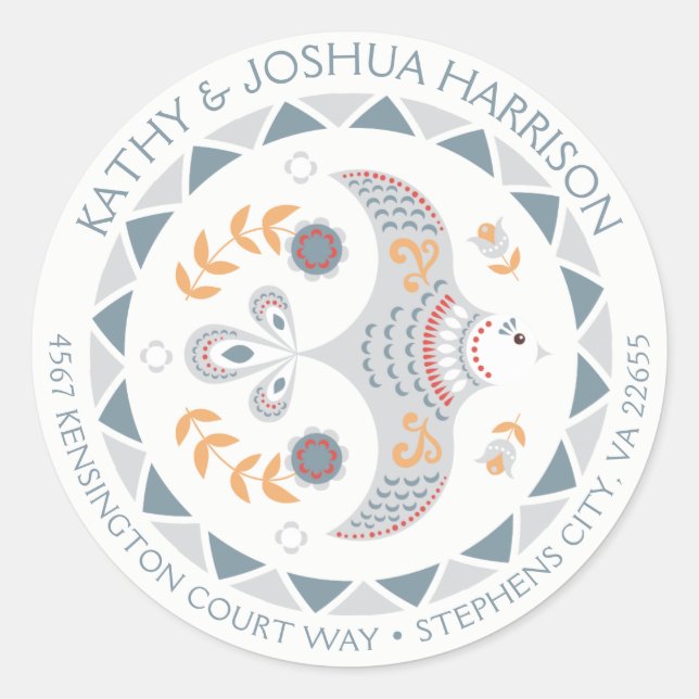 Skandinavische Taube und Blume Rücksendeadresse Runder Aufkleber (Vorderseite)
