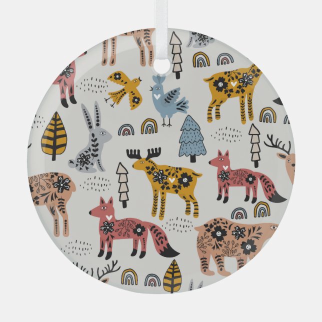 Skandinavische Tiere, blumengeschmückt, niedlich. Ornament Aus Glas (Vorderseite)