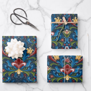 Skandinavische Volkskunst Blau-Rotes Blumenmuster Geschenkpapier Set