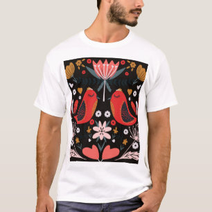Skandinavische Volkskunst: Farbige Vögel. T-Shirt