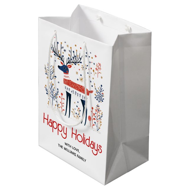 Skandinavische Volkskunst Hirschfest Weihnachtsfes Mittlere Geschenktüte (Rückseite Schrägansicht)