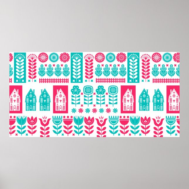 Skandinavische Volkskunst nahtlos Vintages Muster  Poster (Vorne)