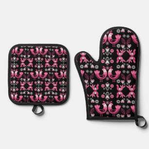 Skandinavische Volkskunst Rosa und Weiße Vögel Ofenhandschuh & Topflappen-Set