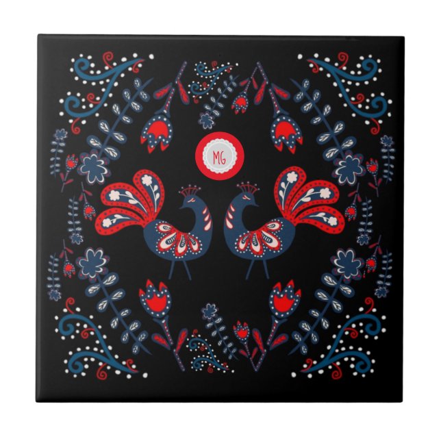 Skandinavische Volkskunst Vögel Mit Monogramm Fliese (Vorderseite)