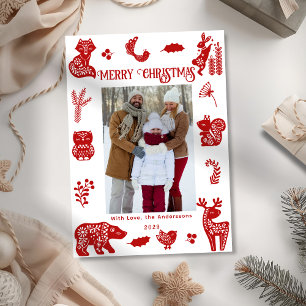 Skandinavische Volkslied-Kunst-Waldtiere Vögel Fot Feiertagskarte