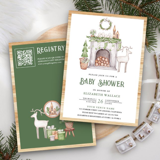 Skandinavische Weihnachts-Kamin QR-Code Baby Showe Einladung (Von Creator hochgeladen)