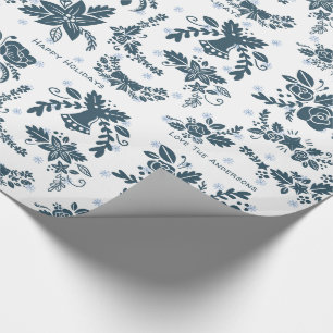 Skandinavische Weihnachts-Volks-Kunst Blumen Blau  Geschenkpapier