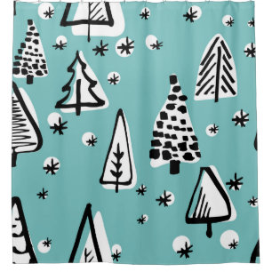 Skandinavische Weihnachtsbäume: Vintage Grafik. Duschvorhang