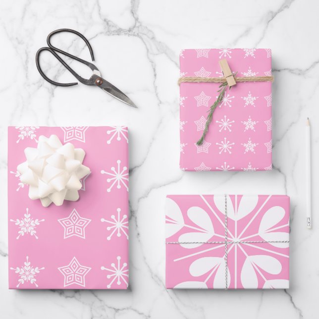 Skandinavische Weihnachtssterne weiß pink Geschenkpapier Set (Vorderseite)