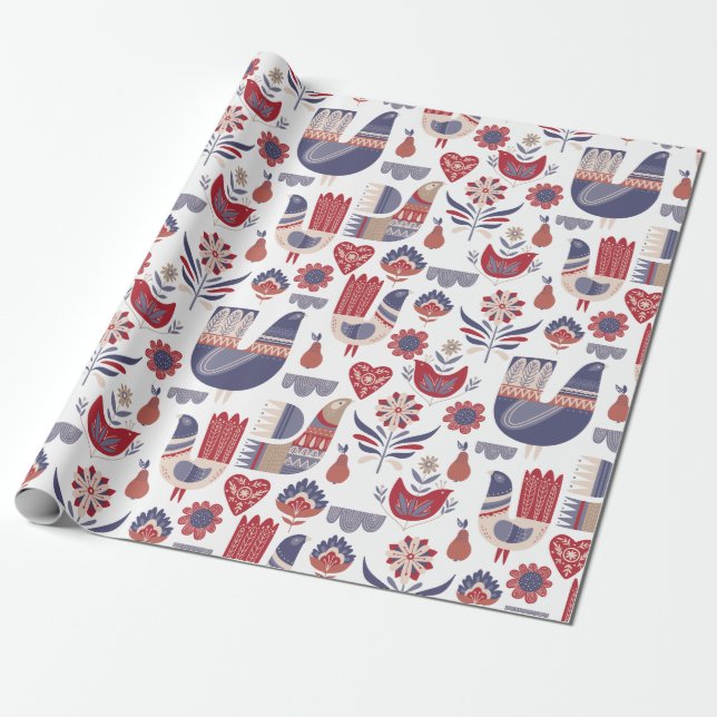 Skandinavische Winterblumenvögel Geschenkpapier (Ungerollt)