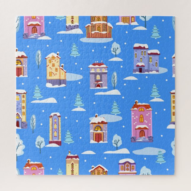 Skandinavische Winterhäuser - Schneemuster Puzzle (Vertikal)