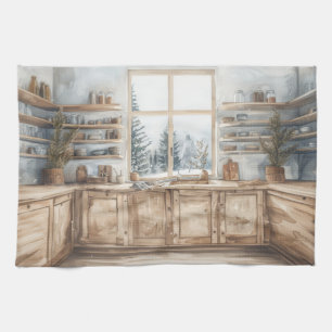 Skandinavische Winterküche Aquarell mit Schnee Geschirrtuch