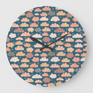 Skandinavische Wolken: Goldene Childene Muster. Große Wanduhr