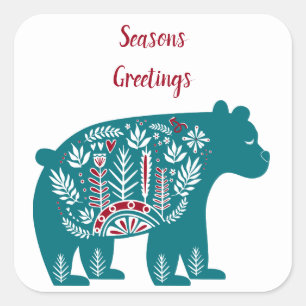 Skandinavischer Blauer und Roter Bär Quadratischer Aufkleber