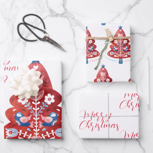 Skandinavischer Folk Art Weihnachtsbaum Geschenkpapier Set (Vorderseite)