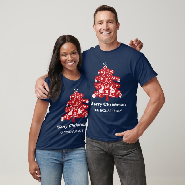 Skandinavischer Folk Red Bunny Floral Weihnachtsba T-Shirt (Unisex)