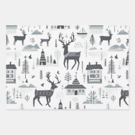 Skandinavischer Hirschhirsch, schwarz Geschenkpapier Set