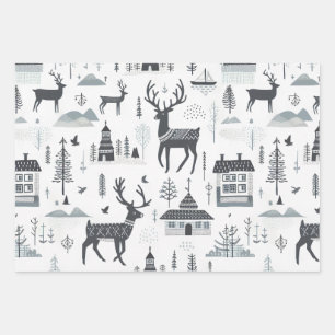 Skandinavischer Hirschhirsch, schwarz Geschenkpapier Set