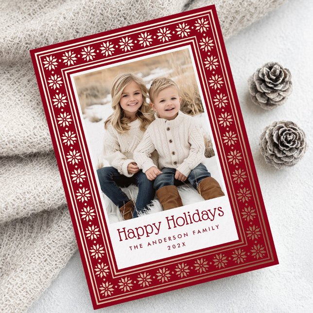 Skandinavischer Sternenmuster-Rand Frohe Feiertage (Scandinavian star pattern border Happy Holidays Foil Holiday Card)