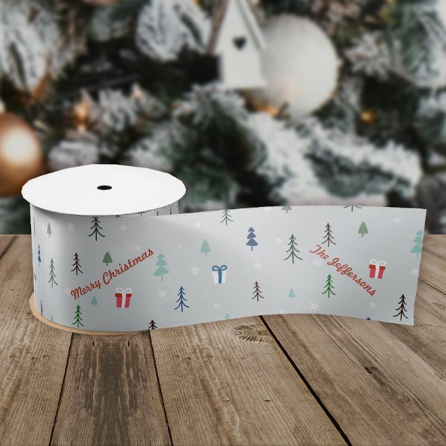 skandinavischer Weihnachtswald Satinband (Custom Scandinavian Christmas snow forest ribbon with your greeting and name.)