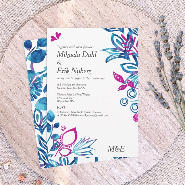Skandinavisches Blau und Rosa Muster Hochzeit Einladung (royal blue and magenta pink wedding invitations, blue and pink floral design)