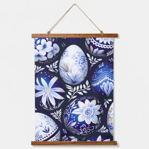 Skandinavisches blaues Osterei-Frühlingsblumenmust Wandteppich Mit Holzrahmen