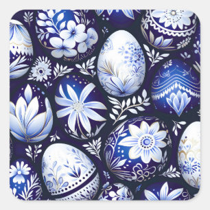 Skandinavisches blaues Osterei-Frühlingsflorales Quadratischer Aufkleber