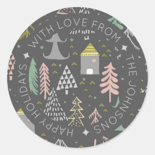 Skandinavisches Doodle-Weihnachtsdorf Personalisie Runder Aufkleber