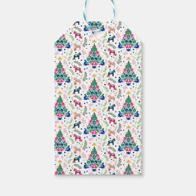 Skandinavisches Folk Art Weihnachtsbaum Geschenkta Geschenkanhänger (Vorderseite)