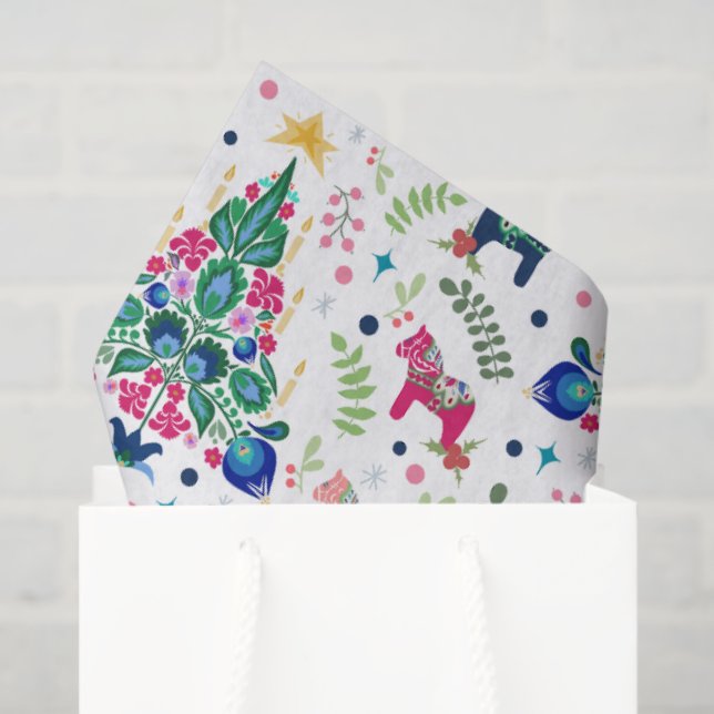 Skandinavisches Folk Art Weihnachtsbäume & Dala Ho Seidenpapier (Geschenktüte)