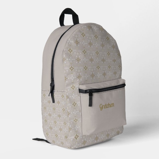 Skandinavisches Gold und Tan Mandala Muster Bedruckter Rucksack (Rückseitige Ecke links)