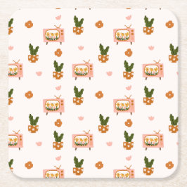 Skandinavisches Haus TV Nahtloses Muster Rechteckiger Pappuntersetzer