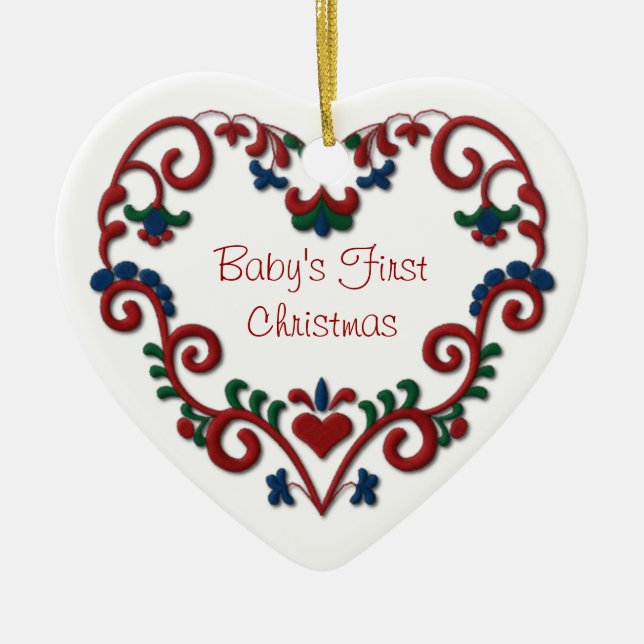 Skandinavisches Herz Babys erstes Weihnachten Keramik Ornament (Vorne)