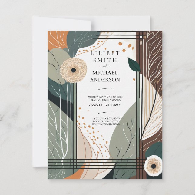 Skandinavisches Japandi Wedding Abstrakt Sage Brow Einladung (Vorderseite)