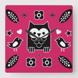 Skandinavisches Owl Folk Kunstgeschenk Quadratische Wanduhr