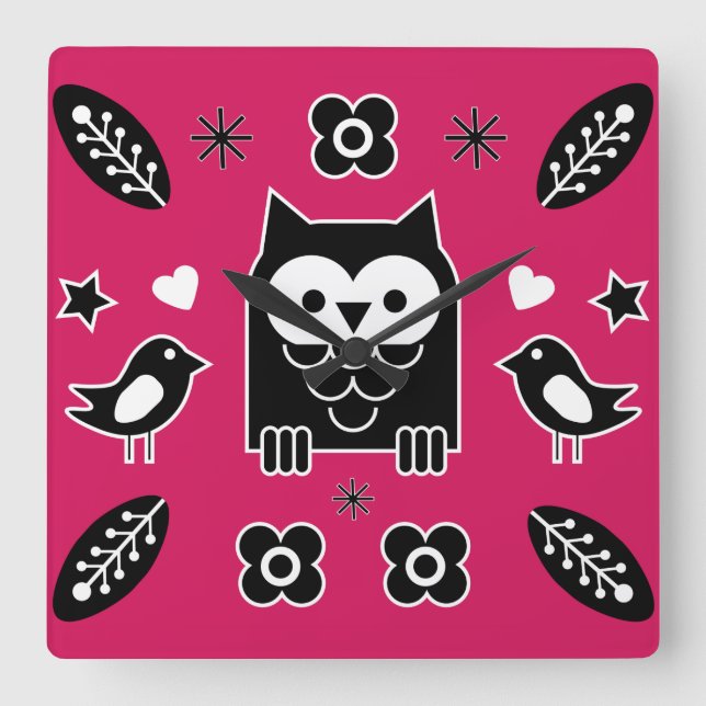Skandinavisches Owl Folk Kunstgeschenk Quadratische Wanduhr (Vorderseite)