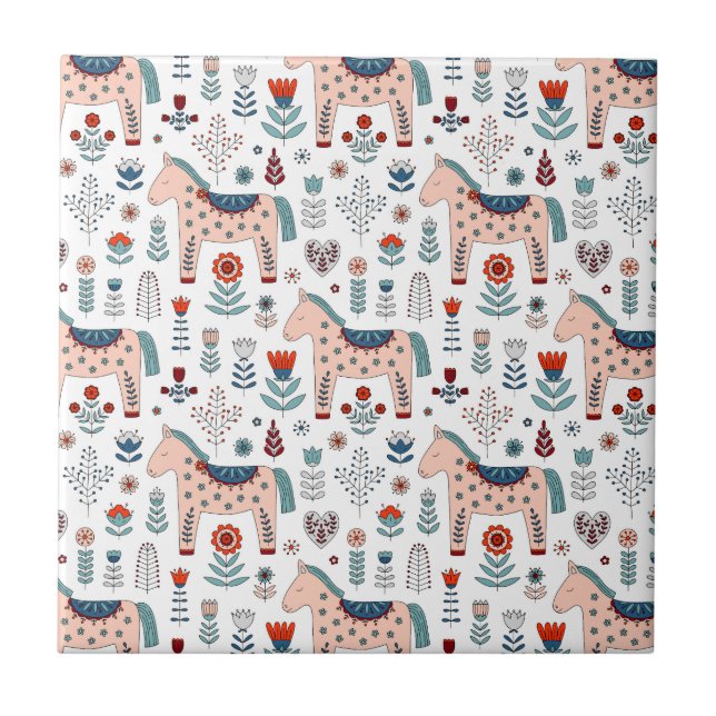 Skandinavisches PferdeVolkskunst-Muster Fliese (Vorderseite)
