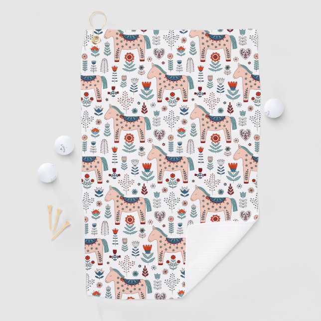 Skandinavisches PferdeVolkskunst-Muster Golfhandtuch (Insitu)