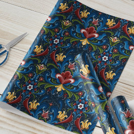 Skandinavisches Rosemaling Folk Blue Red Geschenkpapier
