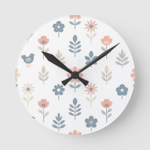 Skandinavisches Volkskunst-Blumen-Vogel-Muster Runde Wanduhr