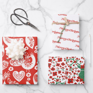 Skandinavisches Weihnachtsmuster mit Blume und Vög Geschenkpapier Set