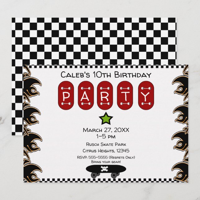 Skate Boarder Flames Skateboard Geburtstagsparty Einladung (Vorne/Hinten)