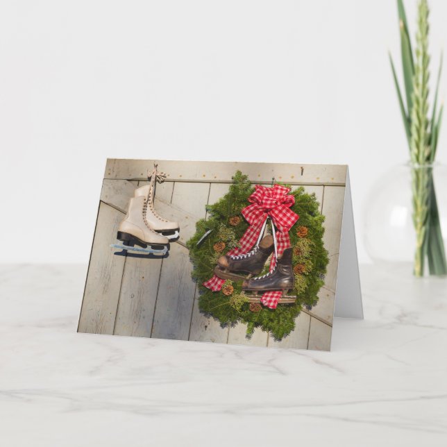 Skate mit Weihnachtskranz Feiertagskarte (Vorderseite)