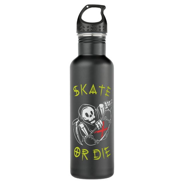 Skate oder die Grim Sensenmann Skeletton Skateboar Edelstahlflasche (Vorderseite)