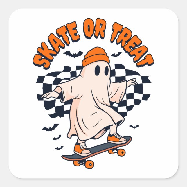 Skate- oder Leckerei-Ghost-Halloween Quadratischer Aufkleber (Vorderseite)
